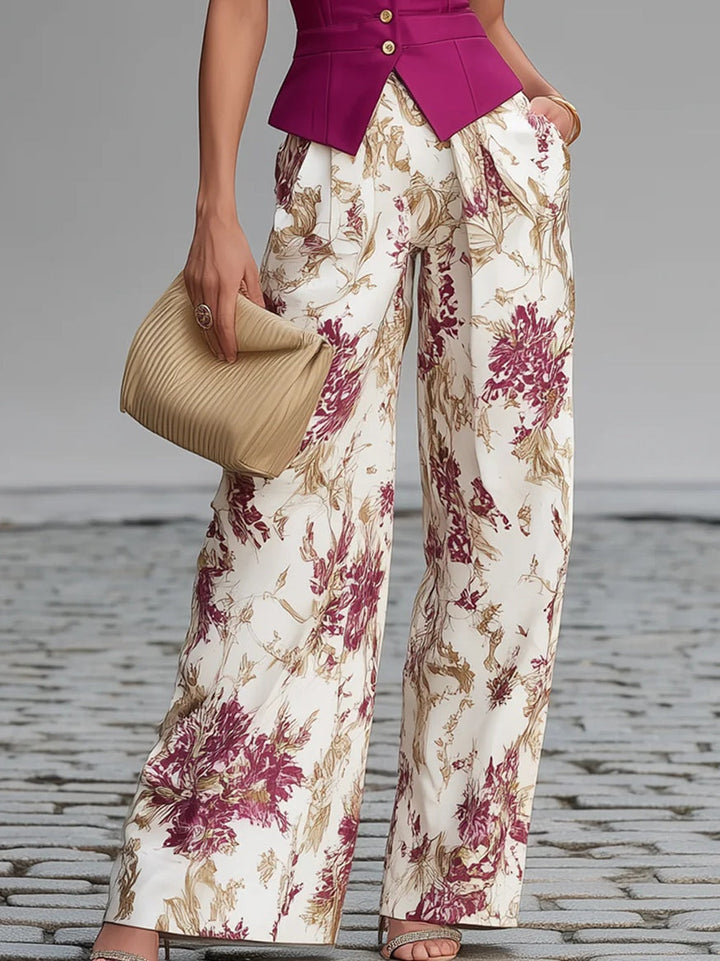 Alicia - Rose Pink Sleeveless Vest And Floral Printed Wide-leg Pants Set