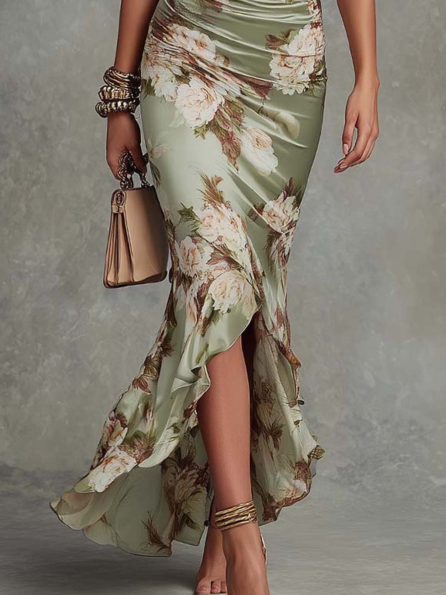 Ana - Green Satin Asymmetric Maxi Dress with V-Neck