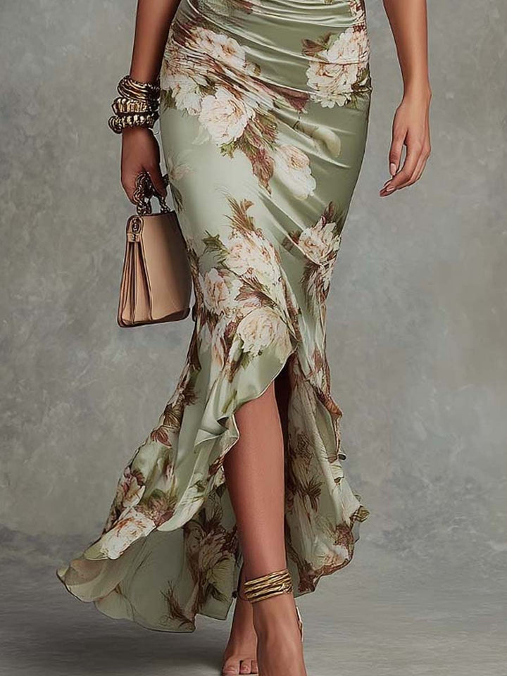 Ana - Green Satin Asymmetric Maxi Dress with V-Neck