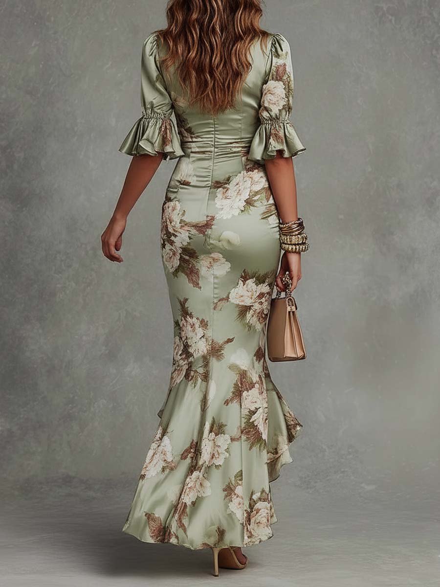 Ana - Green Satin Asymmetric Maxi Dress with V-Neck