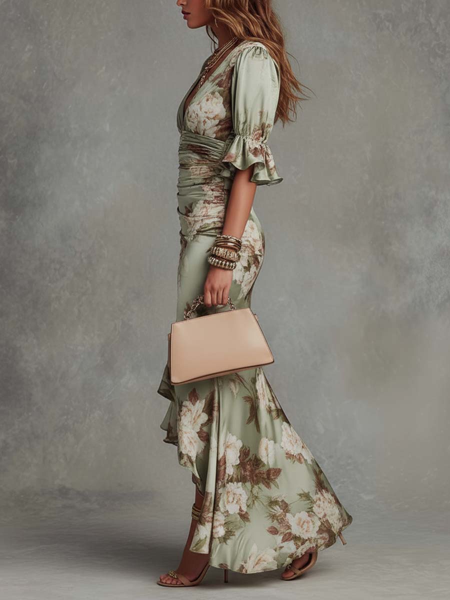 Ana - Green Satin Asymmetric Maxi Dress with V-Neck