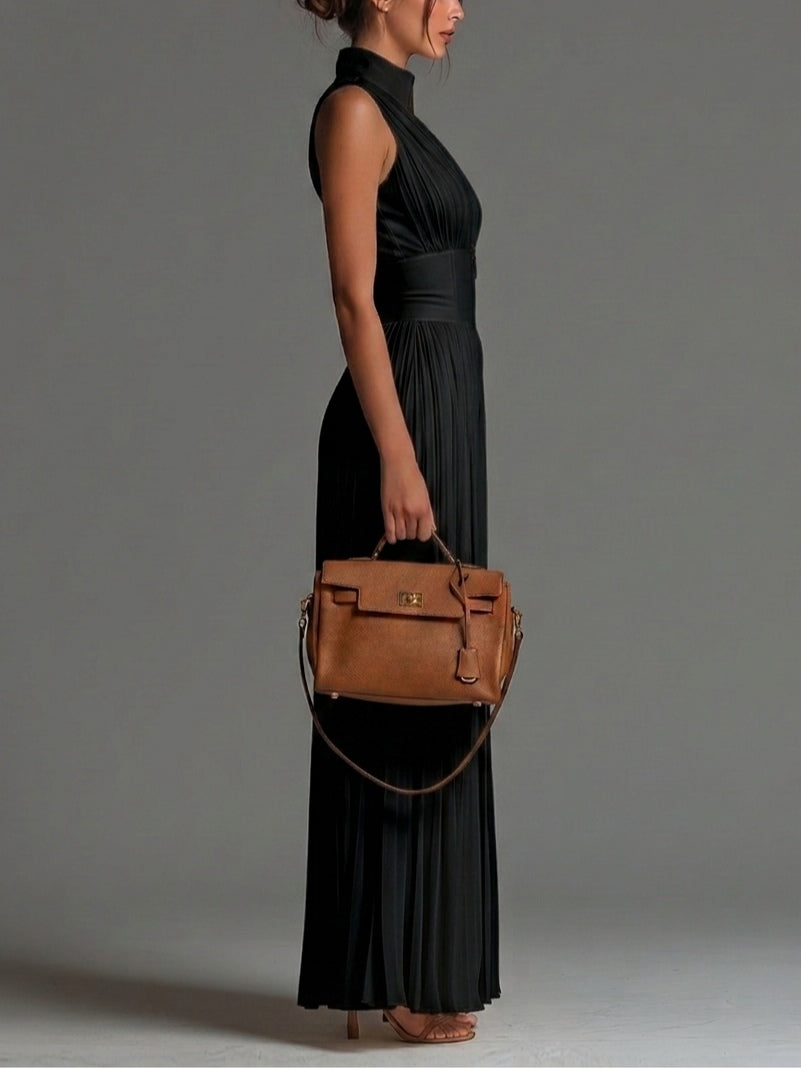 Victória - Black V-neck Sleeveless Zip-up Pleated Wide-leg Chiffon Jumpsuit
