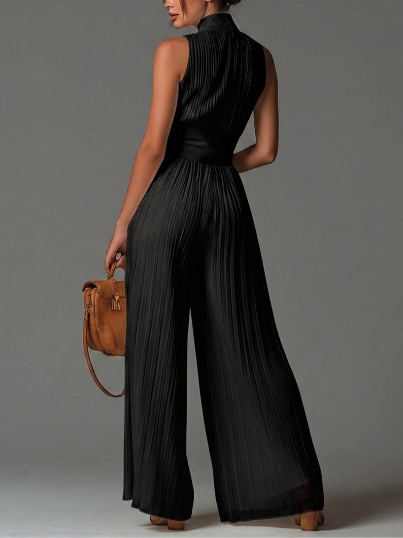 Victória - Black V-neck Sleeveless Zip-up Pleated Wide-leg Chiffon Jumpsuit