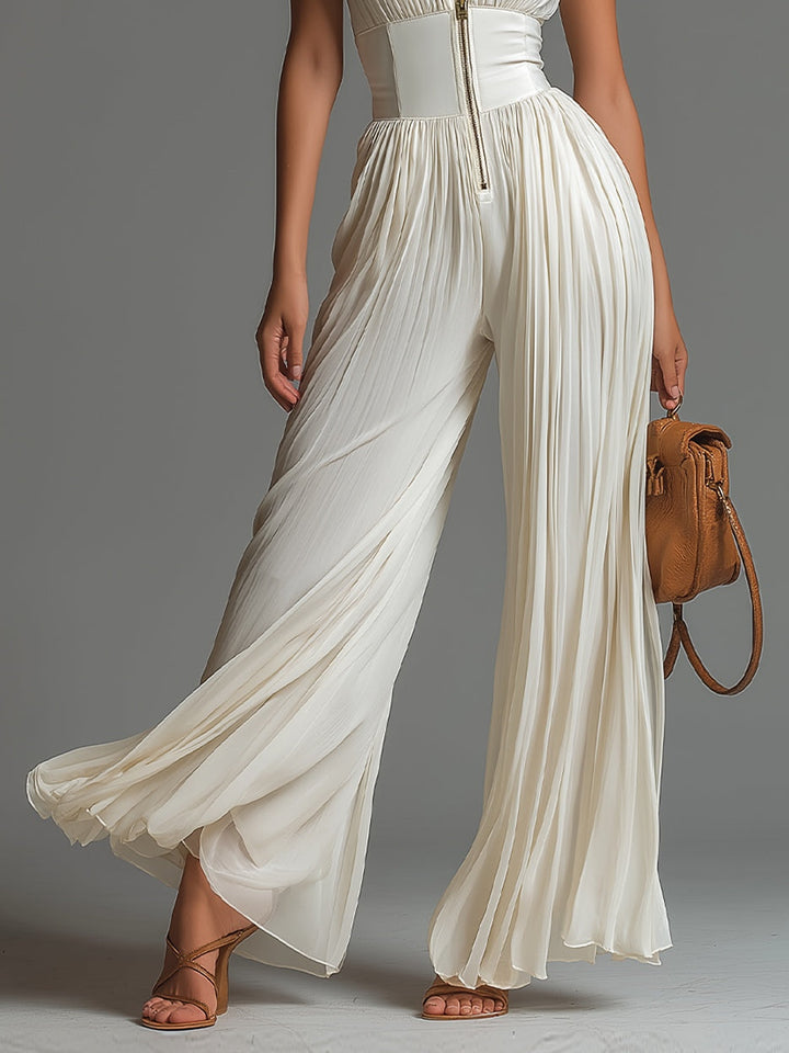 Jesse - White V-neck Sleeveless Zip-up Pleated Wide-leg Chiffon Jumpsuit