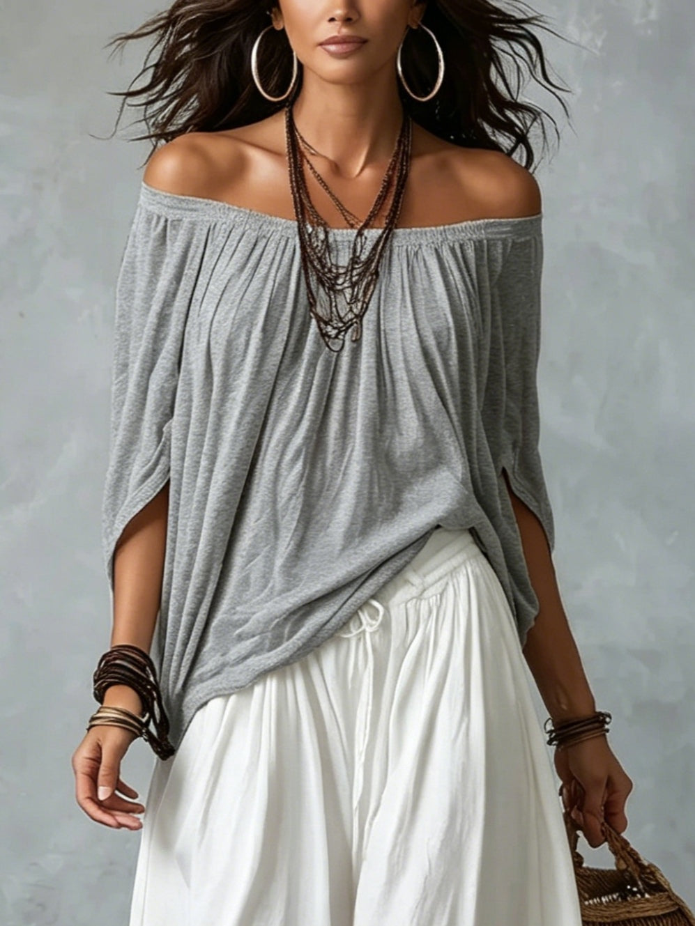 Olinda - Grey Off-shoulder Top And White Loose-fitting Lantern Pants Suit