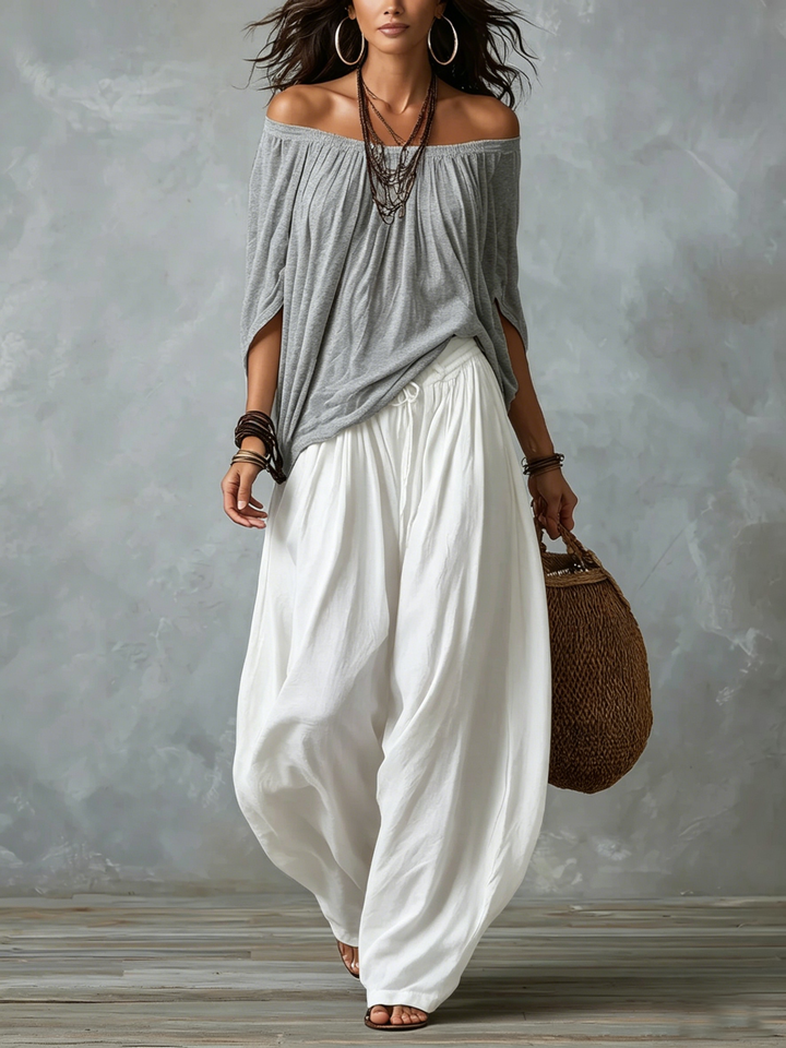 Olinda - Grey Off-shoulder Top And White Loose-fitting Lantern Pants Suit