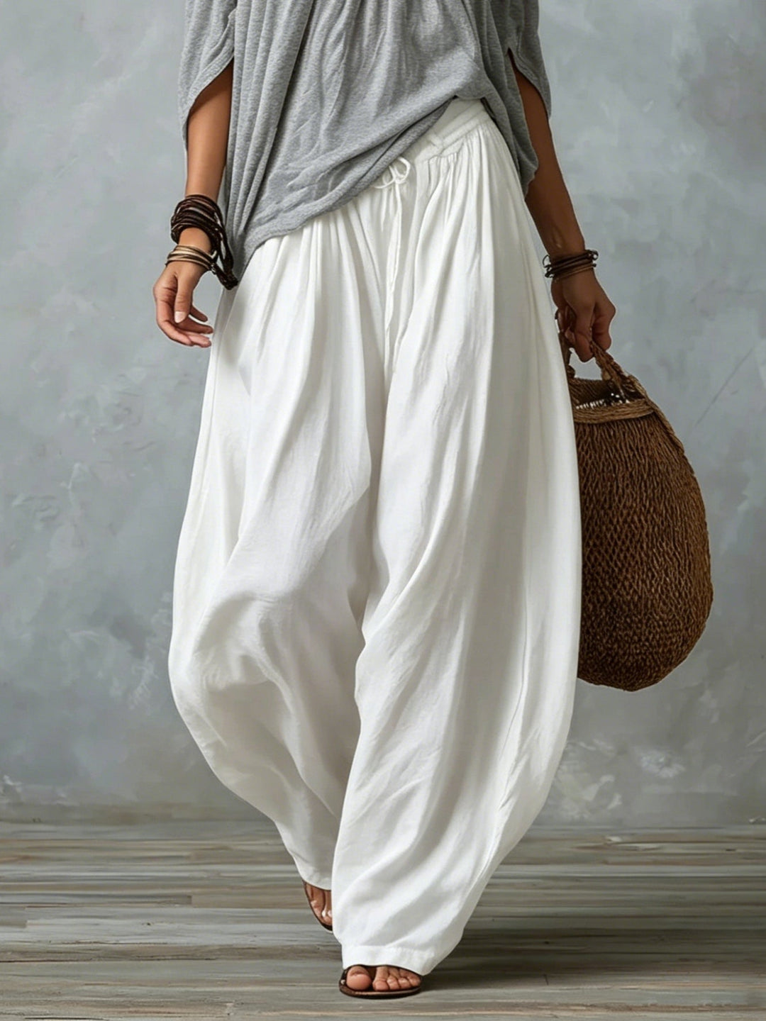 Olinda - Grey Off-shoulder Top And White Loose-fitting Lantern Pants Suit