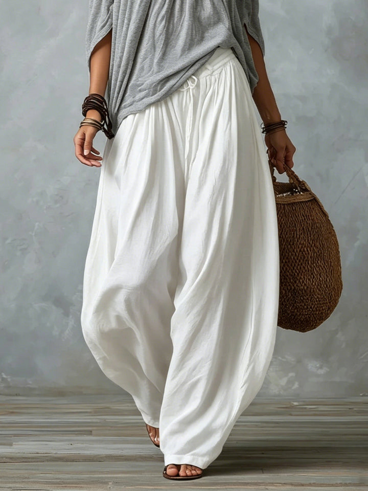 Olinda - Grey Off-shoulder Top And White Loose-fitting Lantern Pants Suit