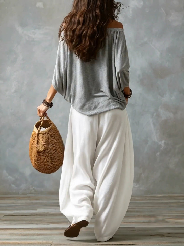 Olinda - Grey Off-shoulder Top And White Loose-fitting Lantern Pants Suit