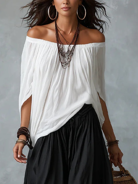 Tina - White Off-the-shoulder Top And Loose-fitting Lantern Pants Set