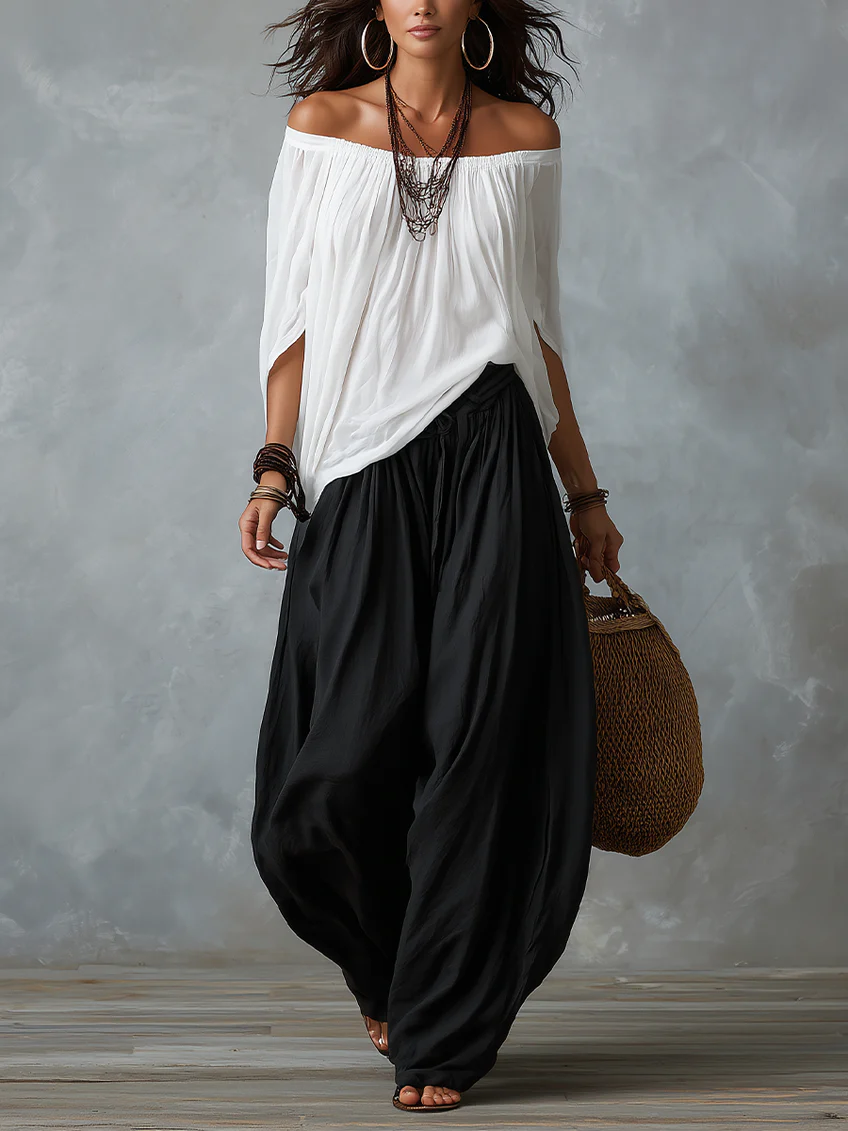 Tina - White Off-the-shoulder Top And Loose-fitting Lantern Pants Set
