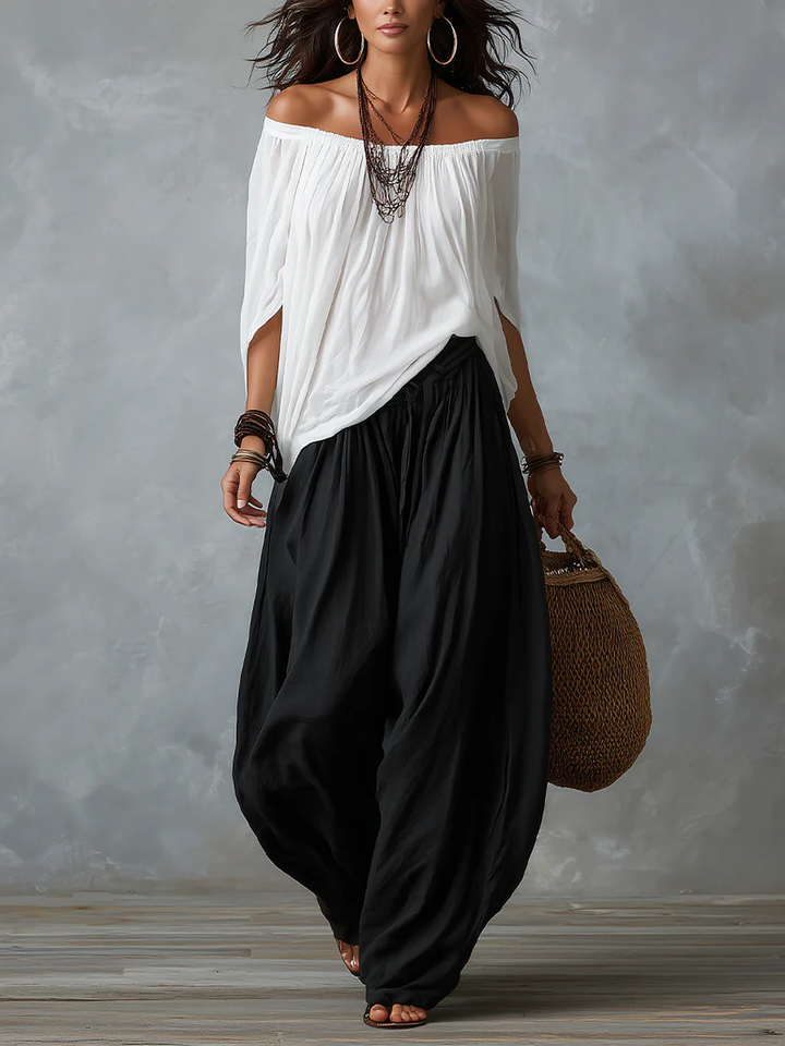 Tina - White Off-the-shoulder Top And Loose-fitting Lantern Pants Set