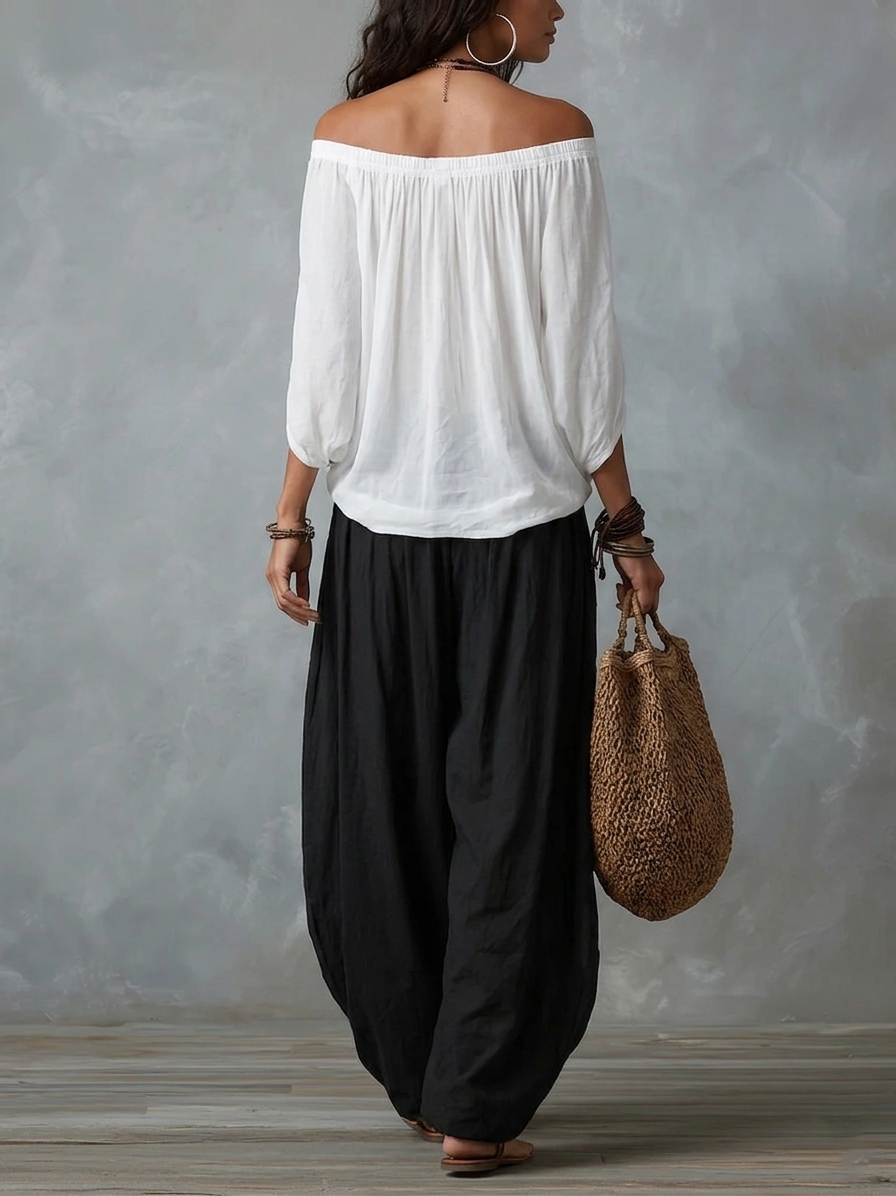 Tina - White Off-the-shoulder Top And Loose-fitting Lantern Pants Set
