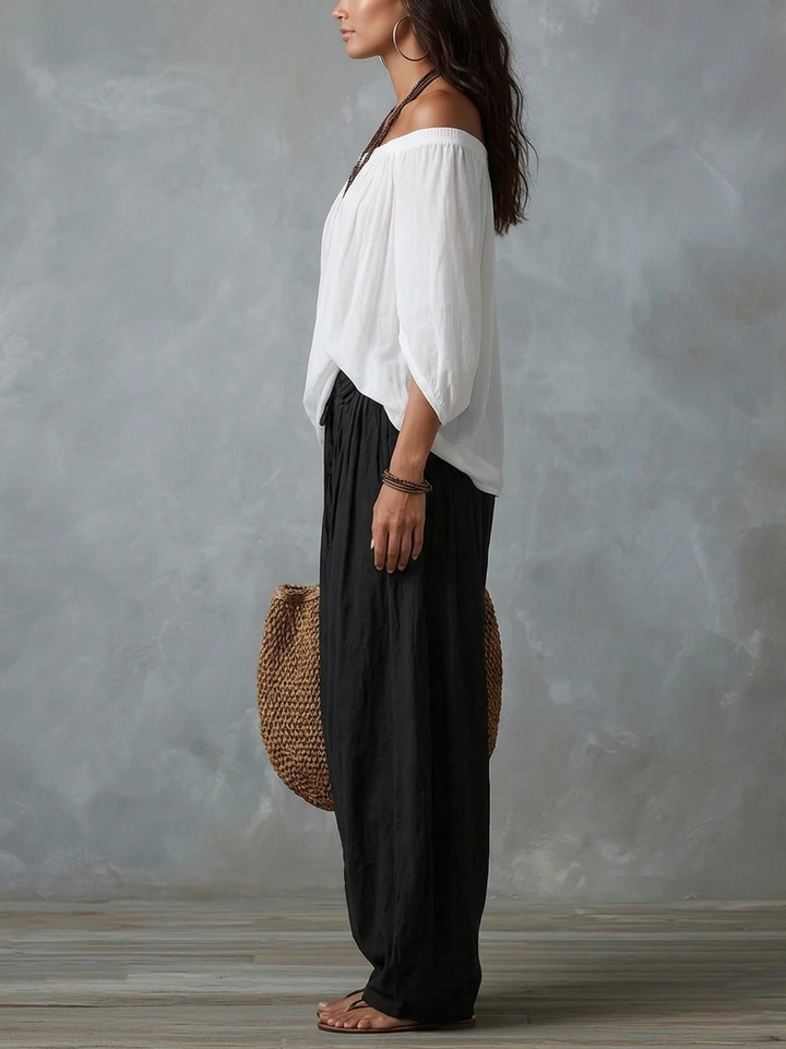 Tina - White Off-the-shoulder Top And Loose-fitting Lantern Pants Set