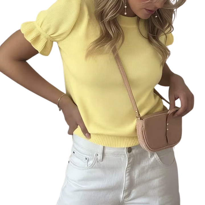 BRISELLE™ – Relaxed Knit Pleated Short Sleeve Top