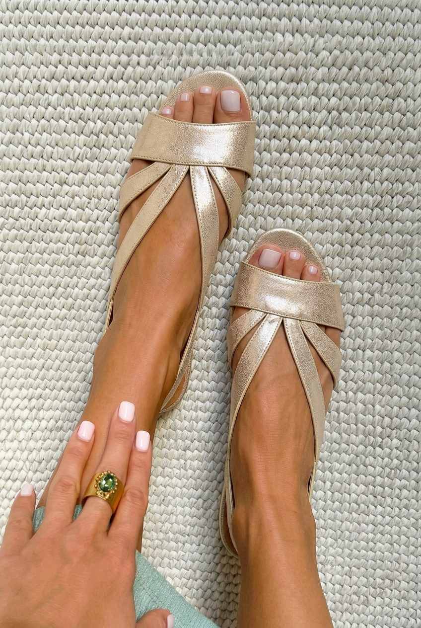 Juno – Metallic Flat Open-Toe Slingback Sandals with Straps – Byron Grace