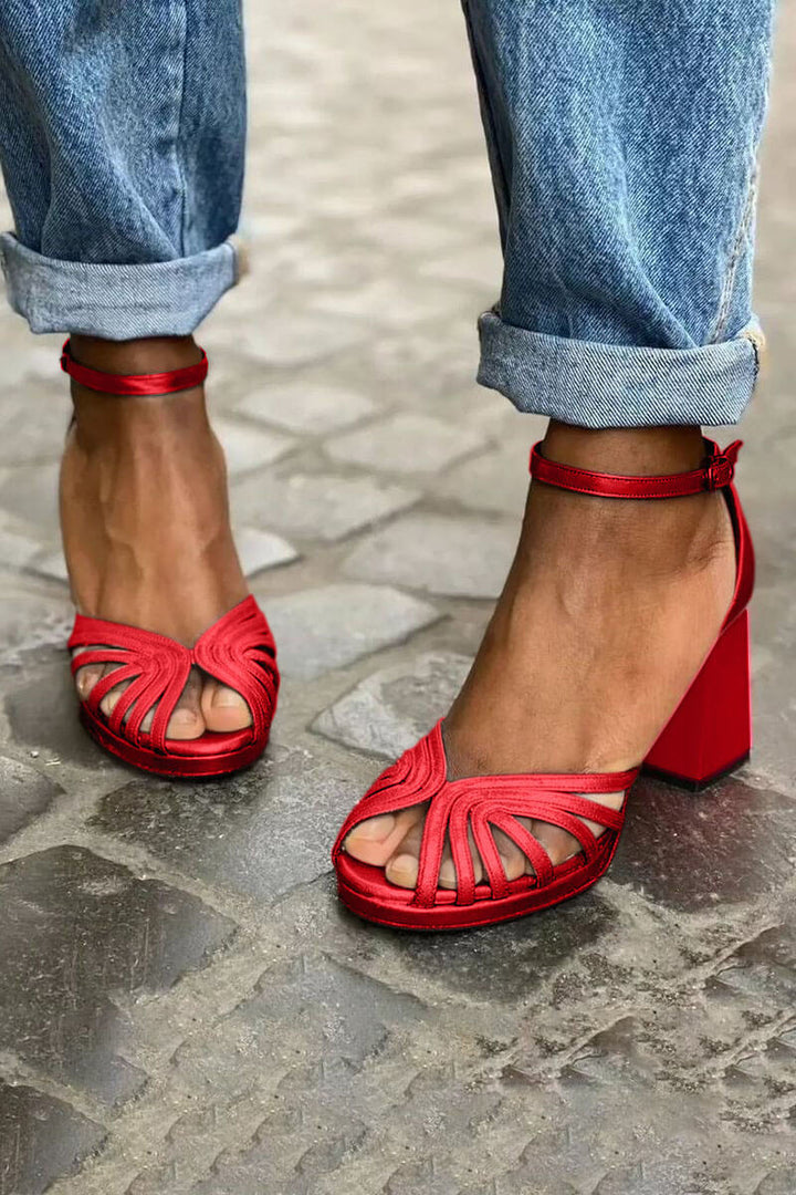 Adriana – Elegant Shiny Colour-Block Peep-Toe Chunky Heels with Ankle Strap and Buckle – Byron Grace