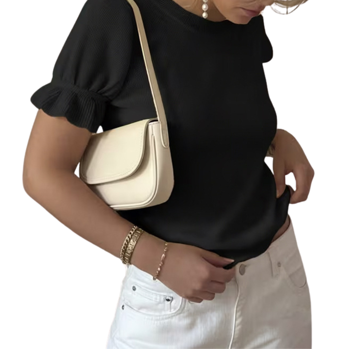 BRISELLE™ – Relaxed Knit Pleated Short Sleeve Top
