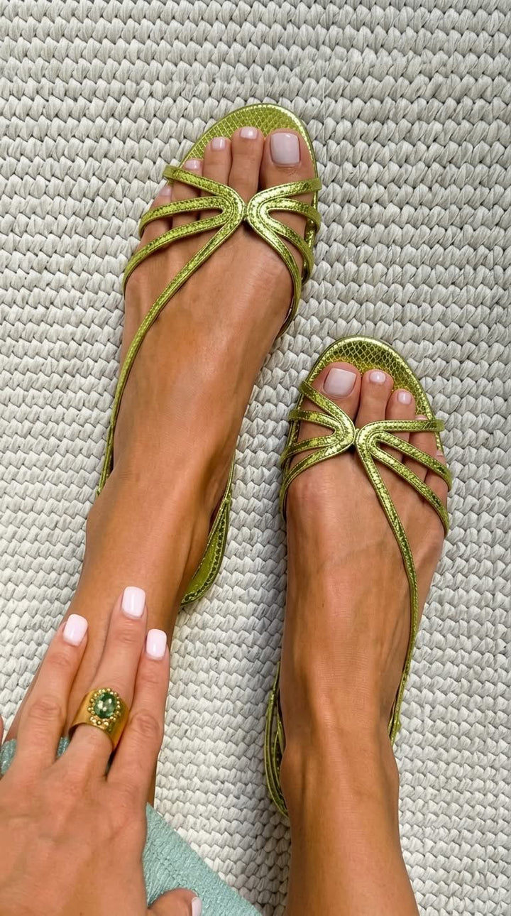 Evie – Metallic Snake-Effect Strappy Sandals – Byron Grace