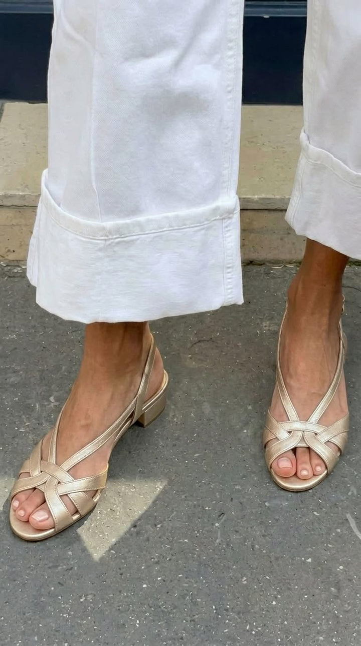 Scarlett – Nude Leather Slingback Sandals with Criss-Cross Straps and Low Heel – Byron Grace