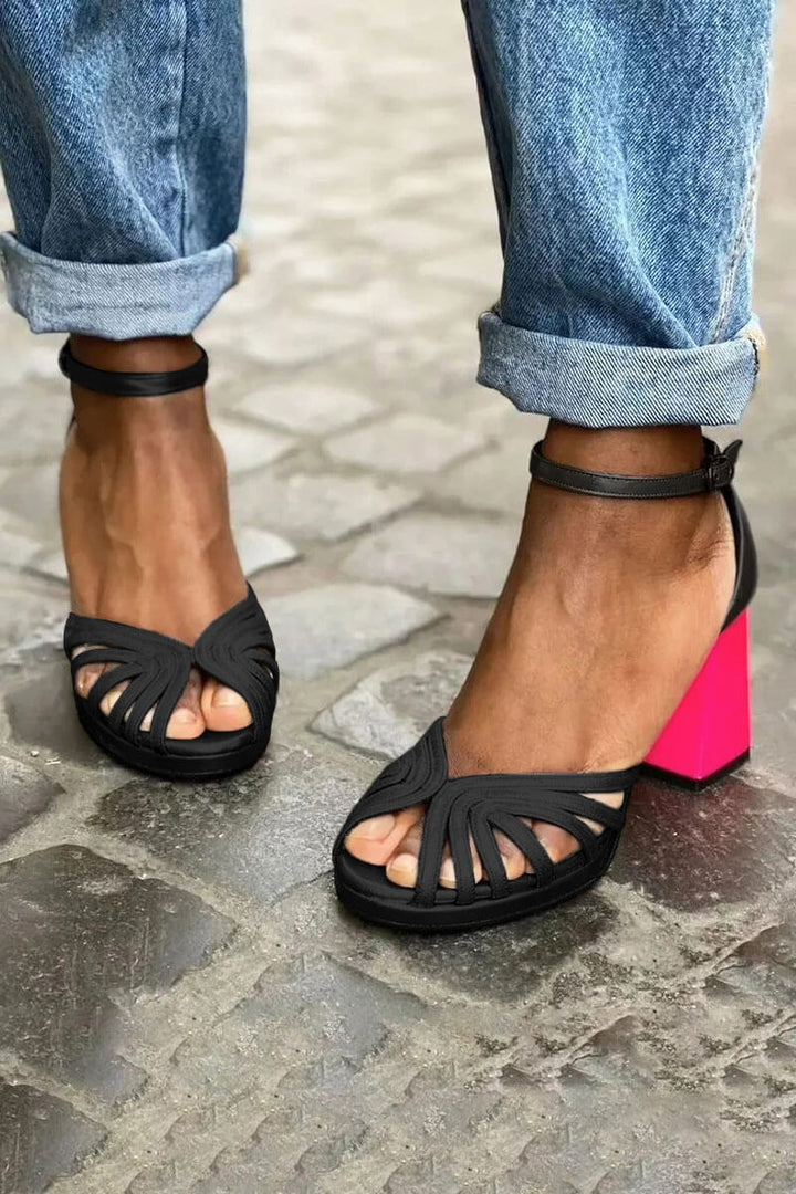 Adriana – Elegant Shiny Colour-Block Peep-Toe Chunky Heels with Ankle Strap and Buckle – Byron Grace