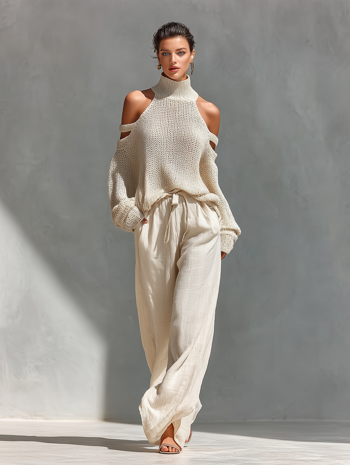 MARIA - Knit Fabric Cold-Shoulder Turtleneck Top & Wide-Leg Pants Set