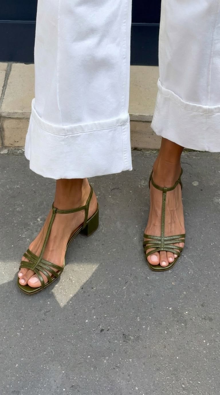 Sienna – Metallic Sandals with Buckle, T-Strap and Block Heel – Byron Grace