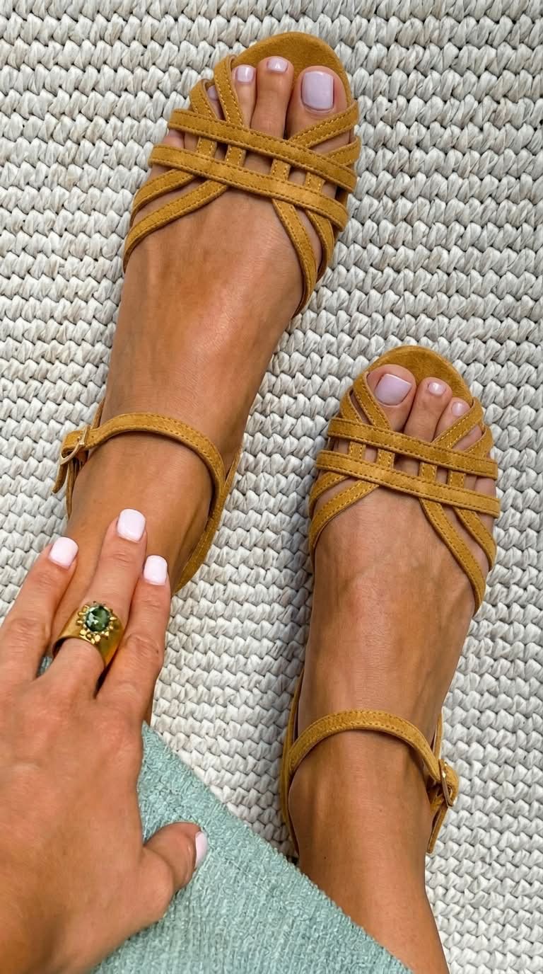 Josephine – Tan Suede Flat Sandals with Ankle Buckle and Multi-Straps – Byron Grace