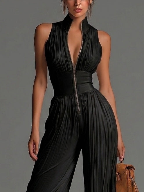 Victória - Black V-neck Sleeveless Zip-up Pleated Wide-leg Chiffon Jumpsuit