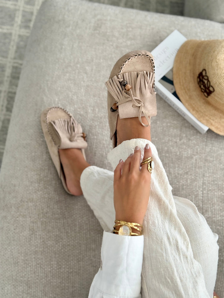 Poppy - Suede Fringe Slip-On Mules