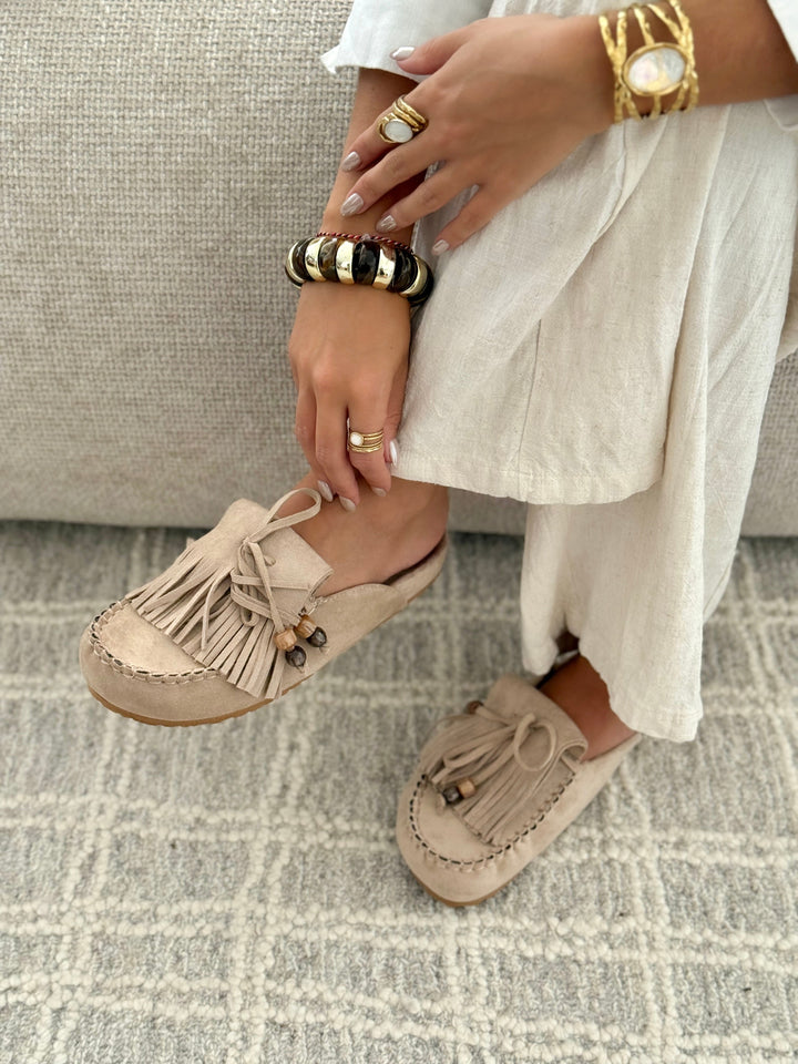 Poppy - Suede Fringe Slip-On Mules