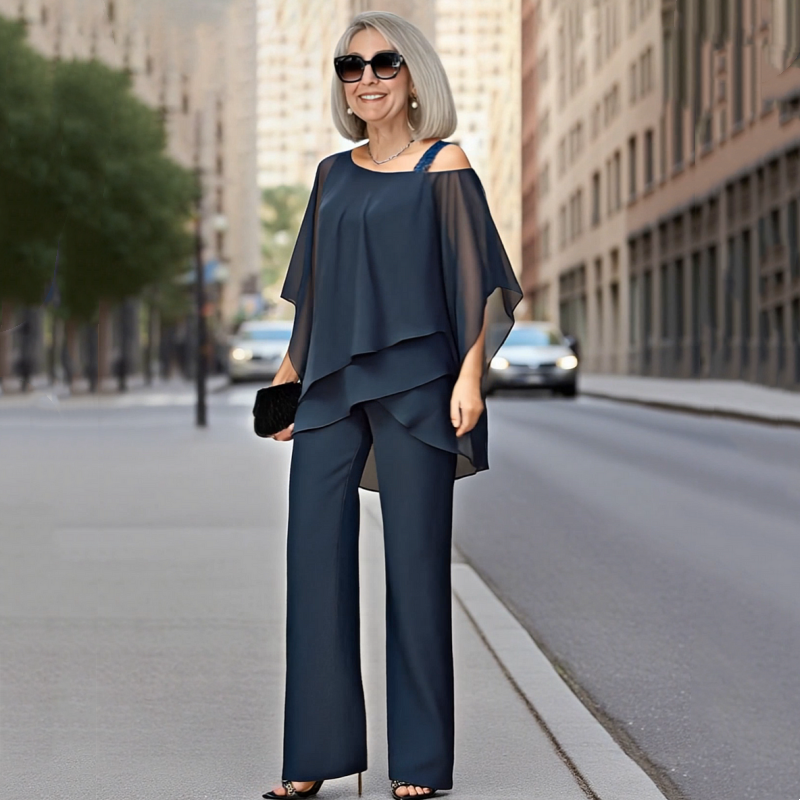 Sarah - Chiffon Top ＆ Wide-Leg Pants 2-Piece Set