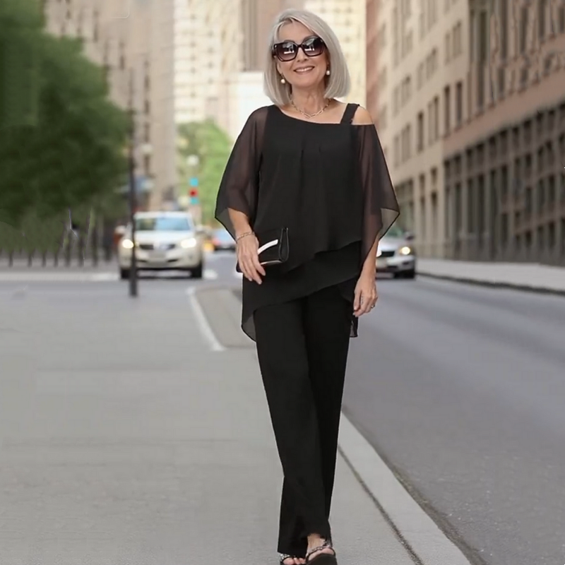 Sarah - Chiffon Top ＆ Wide-Leg Pants 2-Piece Set