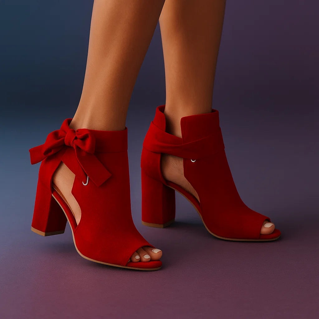 Monroe - Peep-Toe Suede Block Heel Sandals With Ankle Bow